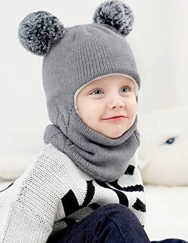 Baby Girls Boys Winter Hat Scarf Earflap Hood Scarves Skull Caps Grey - Thumbnail 7