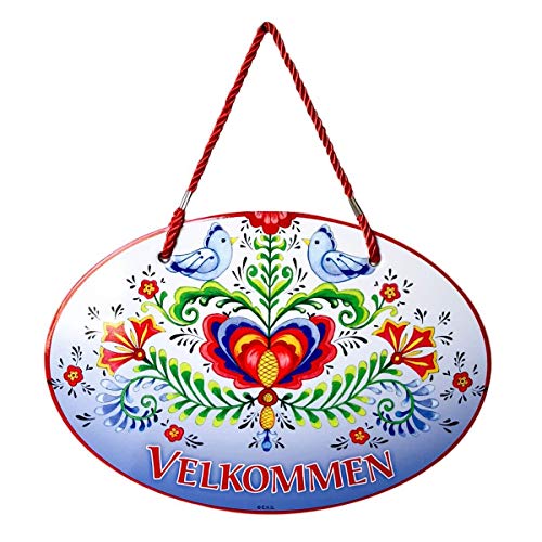 E.H.G - 'Velkommen' 11x8'' Ceramic Door Sign | Farmhouse Wall Decor with Classic Artwork of Lovebirds & Rosemaling | Norwegian Welcome Bathroom Wall Decor, Unique Farmhouse Decor.