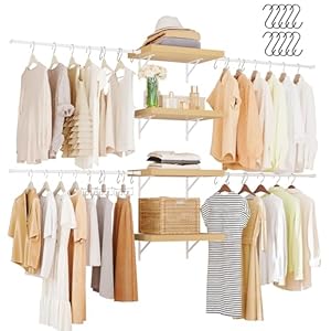 DWVO Closet Organizer System, Wall-Mounted Garment Rack Walk In Closet System, 4 Expandable Hanger Rods 4-Tier Wood Closet Storage Shelves with Backplane, Fits 6-9 ft Space, White