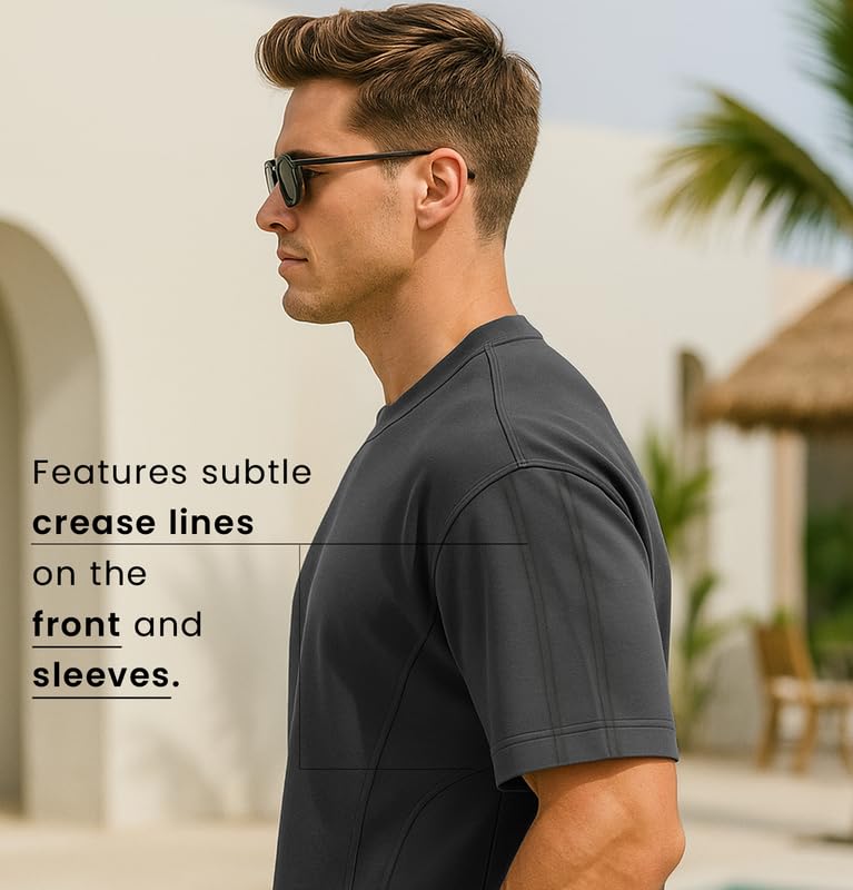 Image of Sleepynuts Men 220 GSM 100% Pure Cotton Oversized Baggy Fit Drop Shoulder Round Neck T-Shirt Pack of 2 (Toffee Brown, Smoky Grey-L)