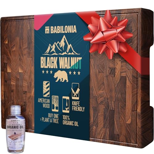American Black Walnut Cutting Board (ExtraThick 1.7'), Premium Quality & Professional Butcher Block. Heavy Duty End Grain Wood Chopping Board 15.7'L x 10.2'W (Oil bottle & Plate included)