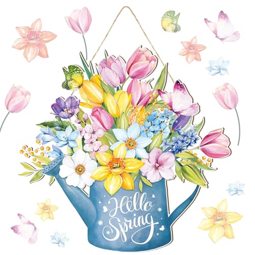 Letrero de Puerta de Primavera, Cartel Para Puerta Flores, Cartel de Madera Decorativo, Hola Letrero de Primavera, Adornos de Madera, con Cuerda Colgante, para Puerta Principal y Jardín (B)