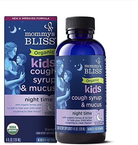 Image of Mommy's Bliss Kids Organic Cough Syrup & Mucus Relief for Night Time, Agave & Honey, Ivy Leaf, Zinc, Vitamin C, Cough Syrup for Kids, +Herbal Nighttime Blend, 4 Fl z