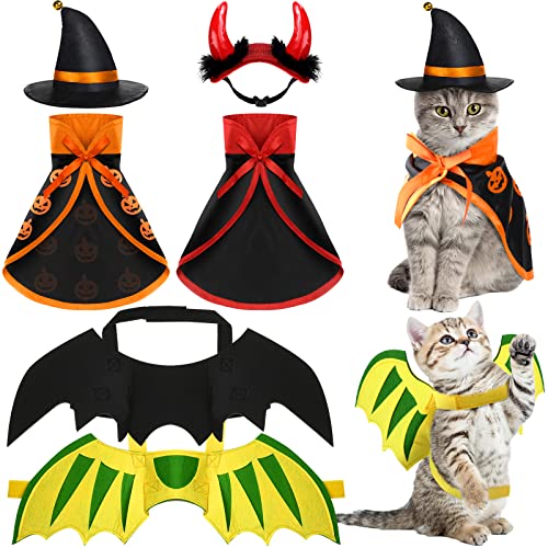 Reginary 6 Pieces Halloween Cat Pet Costume Dogs Kitten Outfits Witch Devil Vampire Bat Cloak Wings Dragon Wing Devil Hat Clothes Kitten Small Puppy Outfit for Halloween Party Pet Cosplay (Pumpkin)