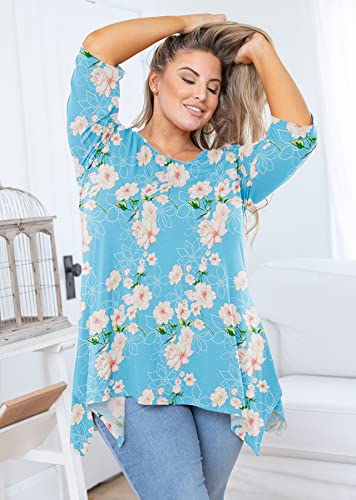 Auslook Plus Size Blouses For Women 3/4 Sleeve Floral Light Blue 4X Crewneck Clothes Pleated Clothing Flowy Tunic Tops To Wear With Leggings Loose Fit Babydoll Summer Fall Winter Maternity Shirts Wear With Leggings #TOP3