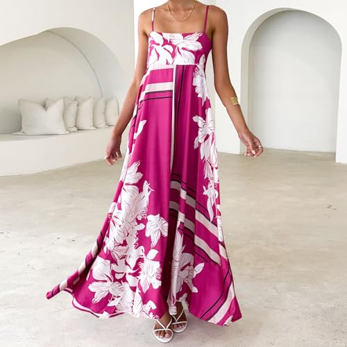 Image of NUFIWI Women Summer Striped Maxi Dress Spaghetti Strap Cutout Ruffle Long Dress Flowy Swing Beach Vocation Dress