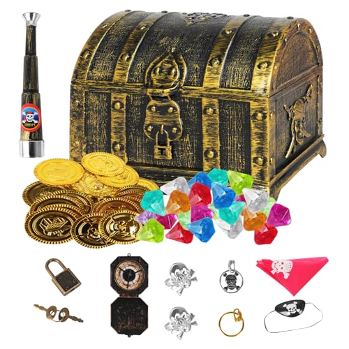 Pirate Treasure Chest Toy, Plastic Bronze Treasure Chest, Antique Color with 100 Colorful Gems 100 Plastic Gold Coins 4 Earrings 2 Rings 1 Compass for Boy Girl Themed Party Favors