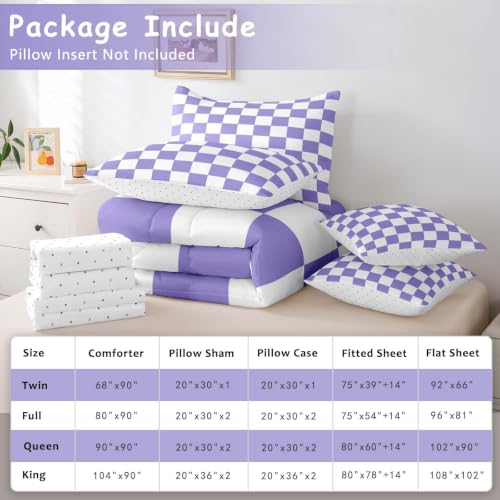 Image of Feelyou Checkered Retro Comforter Set with Sheets 7 Piece Twin Size Purple Plaid Bedding Set for Kids Boys Girls Geometric Vintage Bed in a Bag Modern Simple Groovy Aesthetic Room Decor Soft