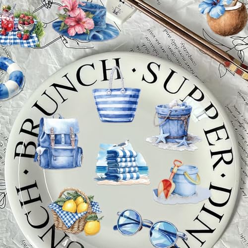 Image of 50PCS Transparent Blue Beach Stickers Aesthetic PET Stickers Blue Ocean Decal Waterproof Decorative Decals for Scrapbook DIY Crafts Album Bullet Journal Planner Water Bottles Laptop Phone (Blue-A)