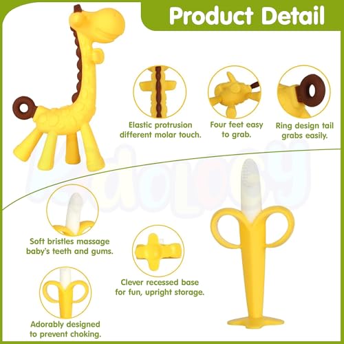 Image of Kidology Baby Teether for 3 to 12 Months | Silicone Teething Toys & Soft Chew Toy for 3 Month Old Baby | BPA-Free Giraffe & Fruit Shapes with Finger Toothbrush | Ideal Baby Gift Set Boys Girls