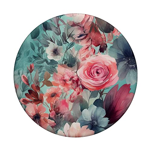 Romantic Pink Teal Watercolor Chic Floral Pattern PopSockets Adhesive PopGrip, Black - Image 3