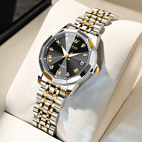Image of OLEVS Women Watch Silver Stainless Steel Two Tone Fashion Ladies Analog Quartz Waterproof Luminous Date Day Wrist Watches