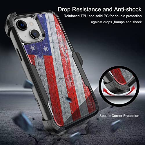 Tjs Compatible With Iphone 13 6.1 Inch Case, With Tempered Glass Screen Protector, Belt Clip Holster Heavy Duty Rugged Shockproof Full Body Protection Anti Scratch Matte Phone Case (Usa Flag) #TOP1