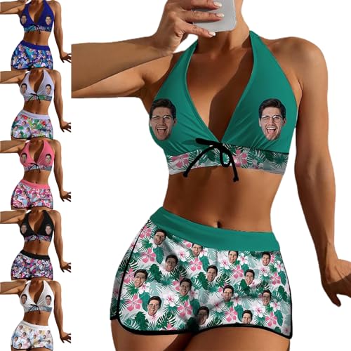 Custom Face Multiple Colors Flowers Boyshorts Bikini Set Personalized Halter V Neck Top Athletic Bathing Suit High Waisted Bikini