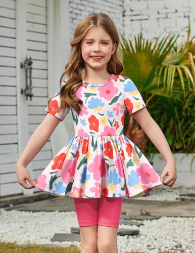 Image of Arshiner Girls Summer Outfits Short Sleeve Ruffle Hem Top and Biker Shorts Set Girl Clothes 4-15 Years