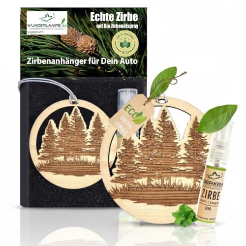 [Zirben Echtholz] 'WALD' Duftbaum/Zirben Anhänger/Auto Lufterfrischer [inkl. 5ml BIO Zirbenspray] verschiedene Designs/Motive, für Auto oder den Kleiderschrank. Natürlicher Zirbenholz Duft