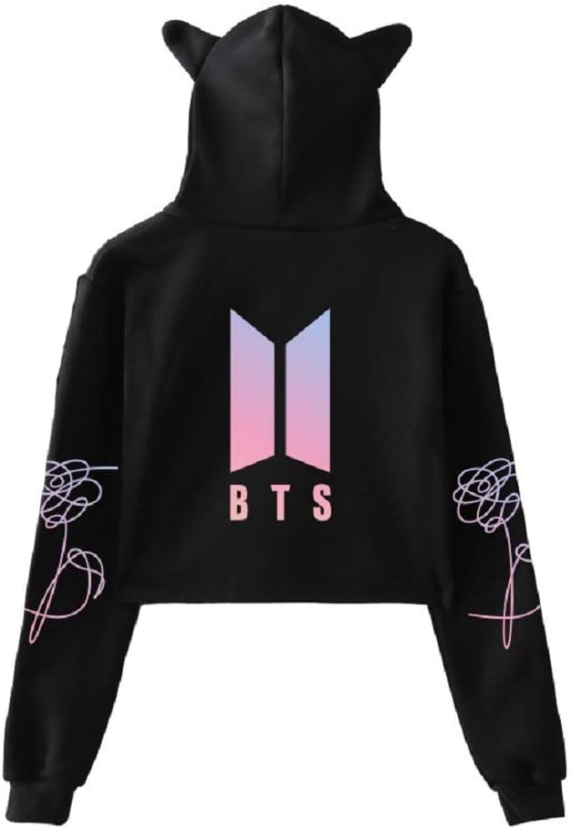 FridayLead Love Yourself Hoodie Kpop Long Sleeve Cropped Hoodies Pink Printing Women Cat Hooded Pullover Crop Tops Clothes