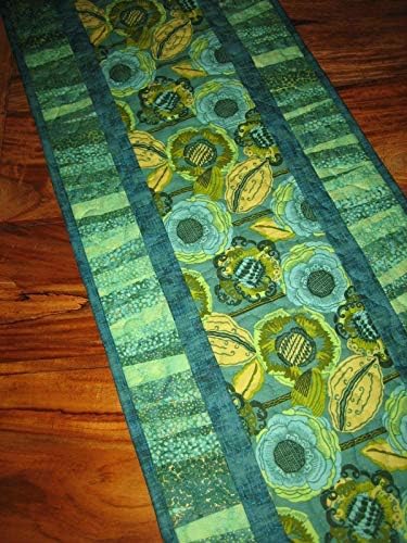 Modern Table Runner Abstract Blue Green Flower, Quilted Reversible, 13x48"
