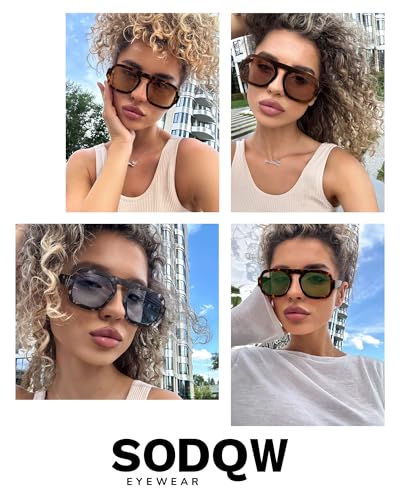 SODQW 2 Packs Trendy Square Sunglasses for Women Men, Vintage Square Aviator Sunglasses Fashion 70s Flat Top Shades3