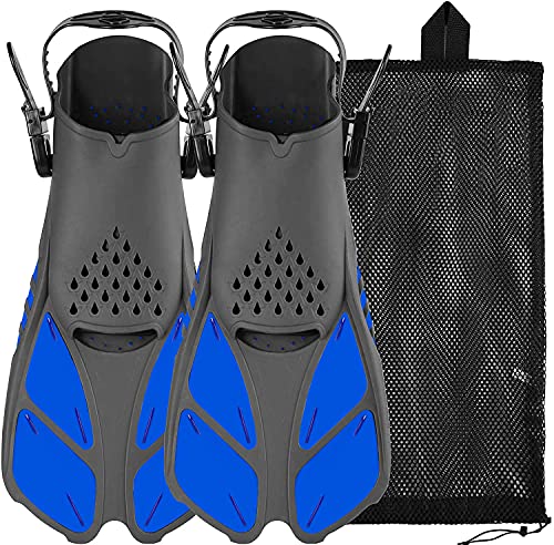Snorkel Fins, Swim Fins with Adjustable Buckles, Open Heel, Travel Size Short Flippers for Snorkeling, Swimming and Scuba Diving, Diving Fins with Mesh Bag for Adult Men Women Kids