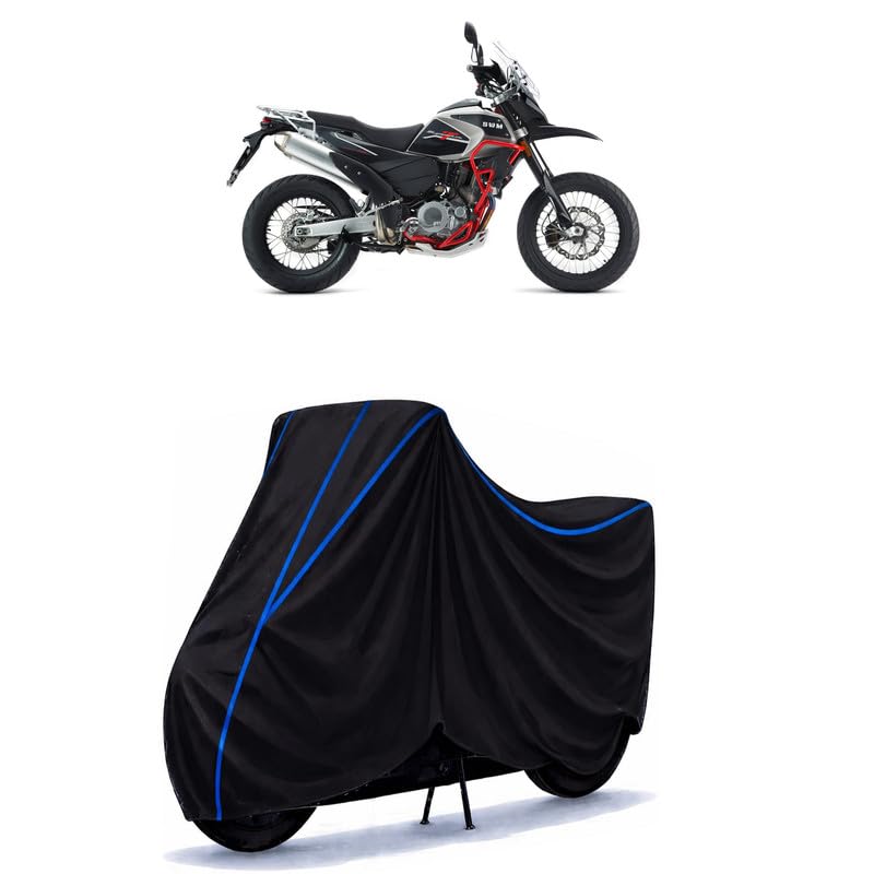 Image of SWM Superdua 600 Bike Cover Water Resistant Universal Motorcycle Rain | Heavy Duty UV Protection, Dust, Scratch Indoor Outdoor All Weather with Black Blue Piping Elastic