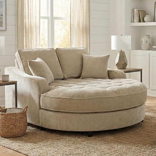 Image of Christopher Knight Home 55 Inch Modern Chaise Lounge Sofa Bed, Upholstered Chenille Lounge Couch with Tufted Seat and Detachable Pillows Curved Accent Sofa for Living Room, Champagne