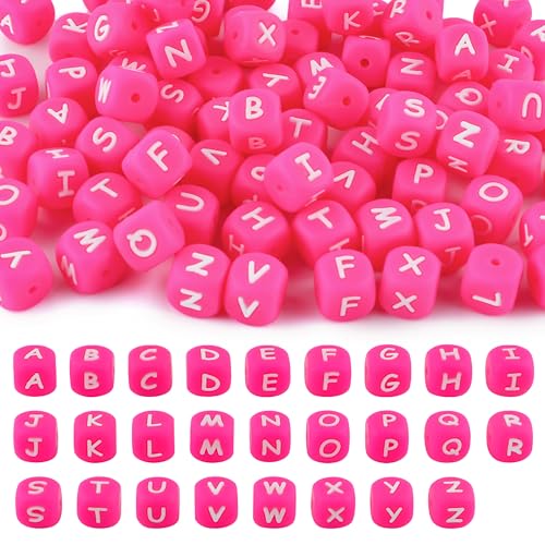 Kovict 78Pcs 12mm Letter Silicone Beads for Keychain Making Hot Pink Alphabet Square Silicone Letter Beads for Bracelets Necklace Pens DIY Decoration