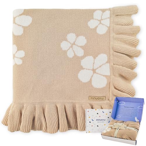Image of Cotton Baby Blanket | 30x40 Inches Knitted Receiving Blanket with Ruffled Edges & Floral Design for Newborns, Crib & Stroller Use, Premium Gift Choice (Beige)