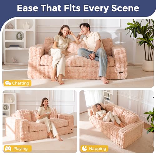 Image of MAXYOYO Loveseat Sofa Couch, Upholstered Bean Bag Chair Cloud Seat for Adults, Boneless Couch with Cushion & Pillows, Sofa in A Box, No Assembly Required, Bubble Pink, 3-Seat