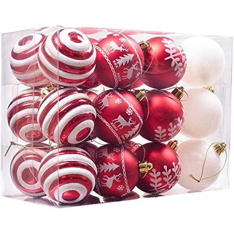 Valery Madelyn 24pcs 6cm Shatterproof Christmas Baubles,Traditional Red and White Christmas Ball Ornaments for Christmas Tree Decorations Cover