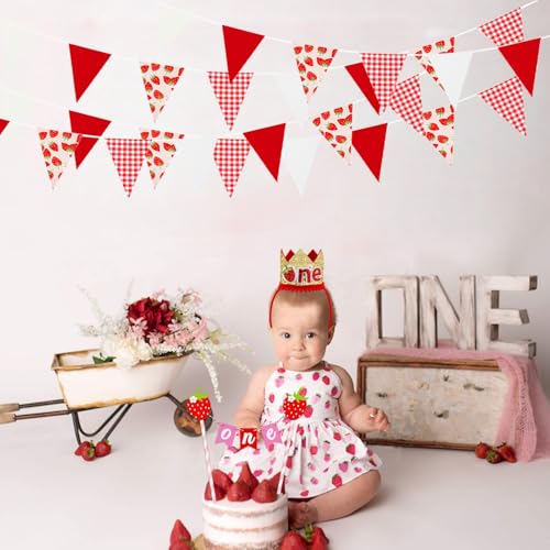 Image of Zwiebeco 39Ft Red White Strawberry Fabric Bunting Banner Triangle Flags Party Decorations Hanging Cotton Garland Pennant for Engagement Wedding Baby Shower Birthday Home Outdoor Garden Party Decor