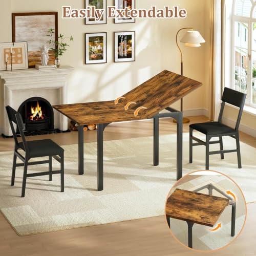 Image of HUAHUU 5-Piece Dining Table Set for 4, Extendable Kitchen Table Set with 4 Upholstered Cushion Chairs, Rectangle Table with Metal Frame & MDF Board, Folding Space-Saving for Small Apartment, Rustic