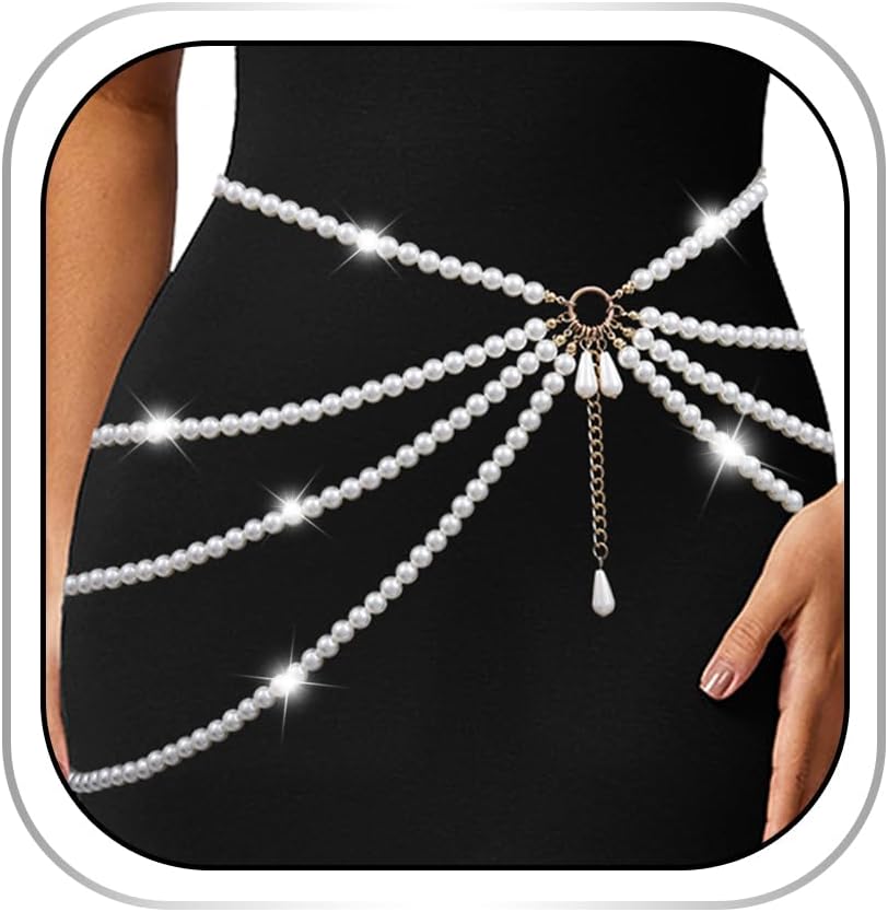 Abien Pearl Waist Chain Layered Pearls Body Chain Pearl Belly Chain Bikini Body Jewelry for Women for Dresses