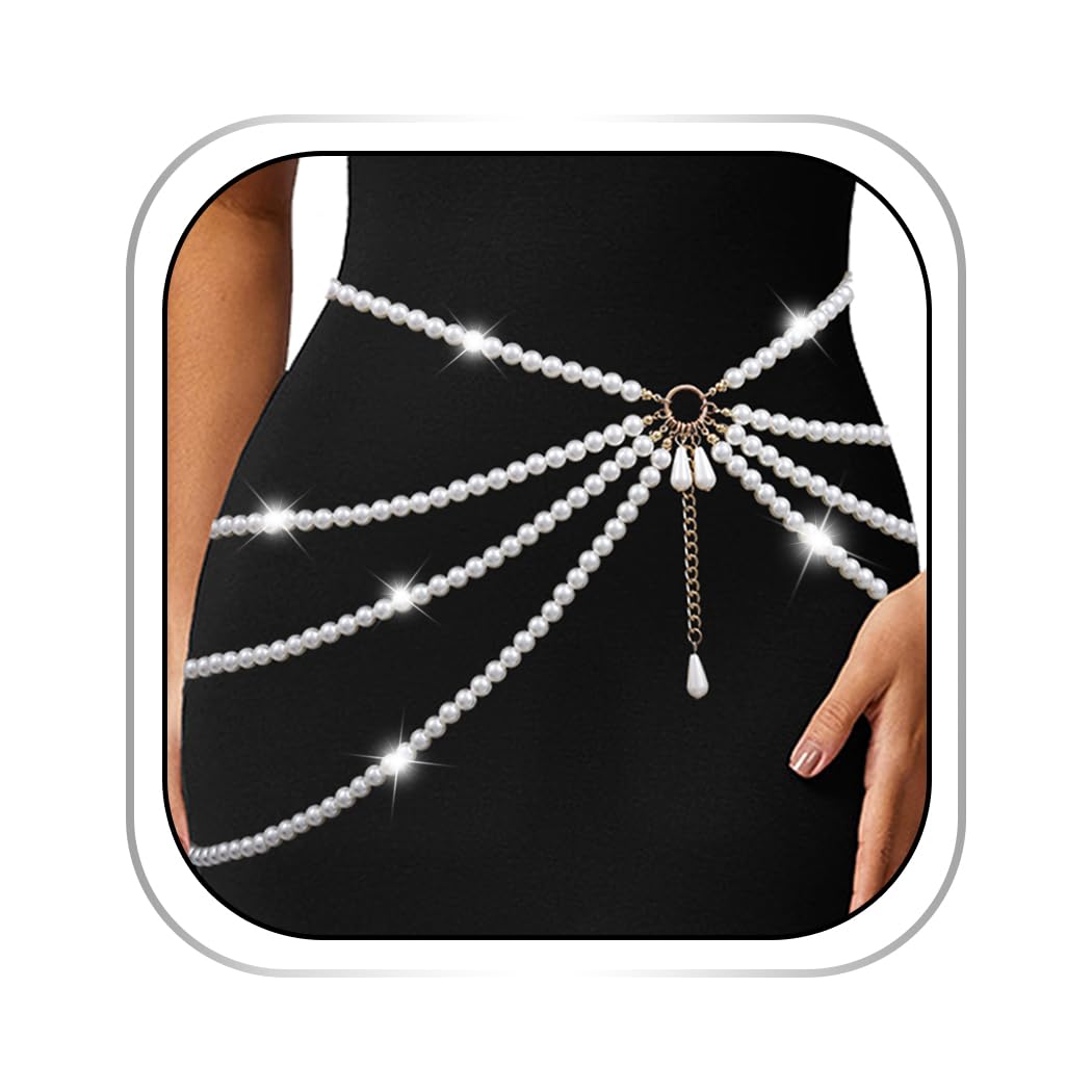 1 Pcs Premium Pearl Waist Chain Layered Pearls Body Chain Pearl Belly Chain Bikini Body Jewelry for Women for Dresses white
