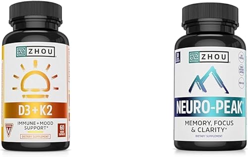 Zhou Nutrition Vitamina D3 K2, fórmula de salud ósea y cardíaca 5000 UI Vitamina D3 y 90 mcg Vitamina K2 y Zhou Neuro Peak Suplemento de apoyo