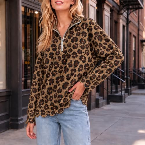 Sweatshirts for Women,Scalloped Sweatshirt for Women Leopard Print Quarter Zip Loose Fit Pullover - image 3