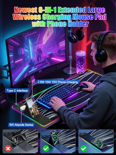 Image of Mouse Pad with Foldable Phone Holder & Wireless Charger, XXL RGB Gaming Mousepad 31.5 inchx15.8 inch Large Desk Mat for Keyboard, Black Desk Pad with Dual Qi Charging Station | 11 Colors 5 Modes | Waterproof