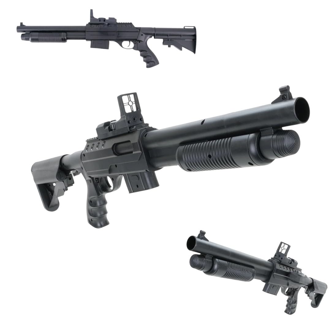 Softair Pumpgun 6 mm < 0,5 J - Federdruck Schrotflinte mit 100-Schuss Magazin, Spielzeug Airsoft Gewehr 67cm, ab 14 Jahren Erbsen Pistole schwarz manuell Einzelschuss