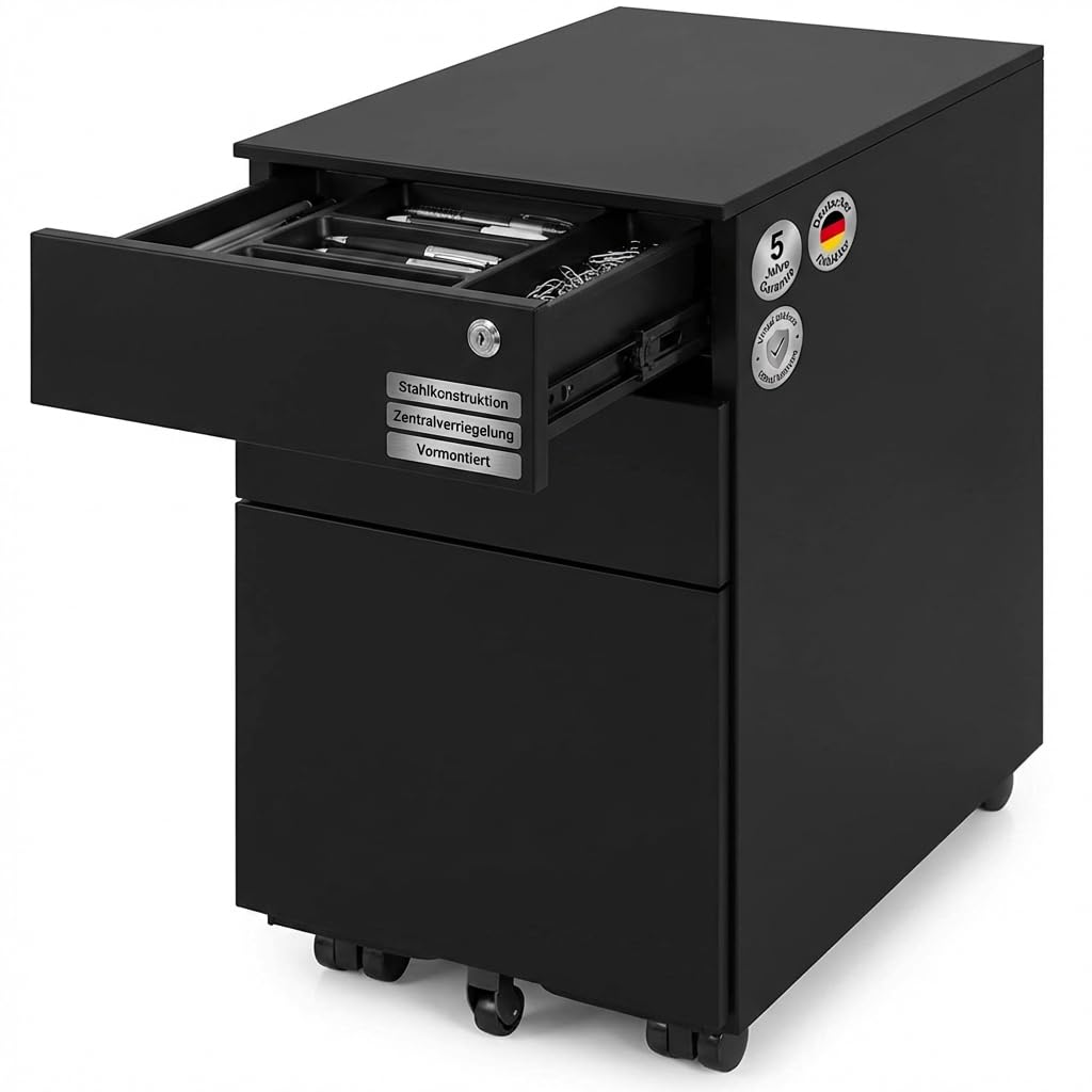 Ergotopia Rollcontainer schwarz - abschließbarer Bürocontainer für Schreibtisch 60x39x52 cm (HxBxT) - Büro Container mit 3 Schubladen - Schreibtischcontainer abschließbar