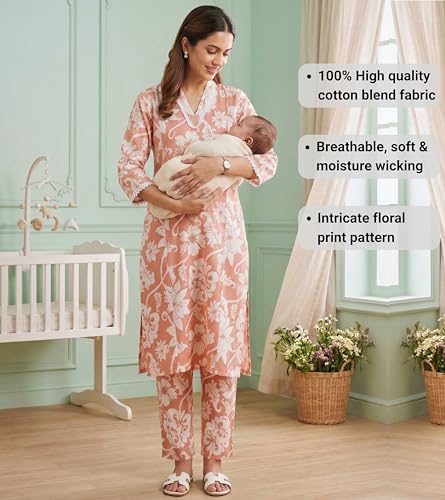 Image of DUMMY SHAPE Maternity Dresses for Women Cotton | Floral Kurta Pant Dupatta Set with Nursing Zippers, Side Pocket | Pre & Post Pregnancy | Feeding Kurti Suit | Baby Shower | Gifts for Pregnant Woman