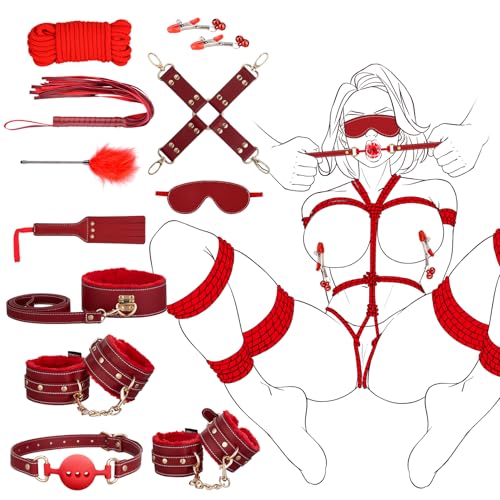 Image of UTIMI Upgrade 11PCS BDSM Bondage Restraints Sex Toys Kit, Red | Adjustable Handcuffs, Collar, Ankle Cuff, Blindfold, Feather Tickler, Adult Games Sex Toys for Couples Foreplay