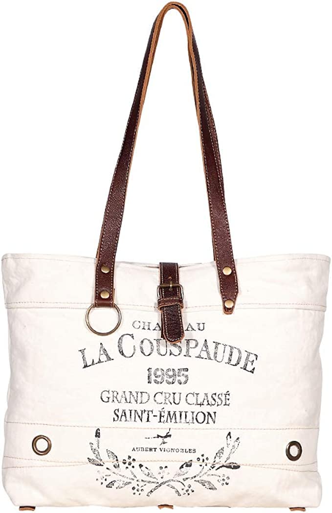 vintage crafts La Couspaude Upcycled Canvas Tote Bag Handbag Shopper Purse Shoulder Bag for Women Office Laptop Bag
