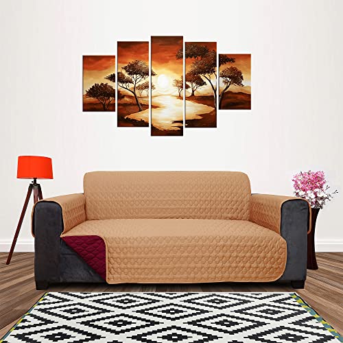 Image of DREAM KING 3 Layers Reversible Sofa Cover Polyester 4 Seater Quilted Sofa Cover with Side Pockets Beige & Maroon
