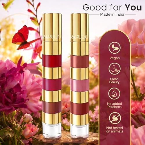 Image of Parul Garg Beauty Duo Collection 4-in-1 Bold & Nude Shades Liquid Lipstick Stack with Gloss | Matte, Transfer-Proof, Lightweight | Travel Friendly Stackable Lipsticks for Women | Made for Indian Skin Tones