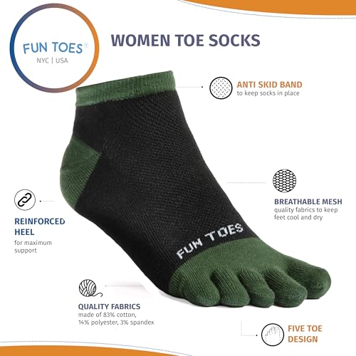 Image of FUN TOES Women's Cotton Toe Socks-Barefoot Running- Breathable- 6 Pairs Pack-Size 9-11 Lightweight