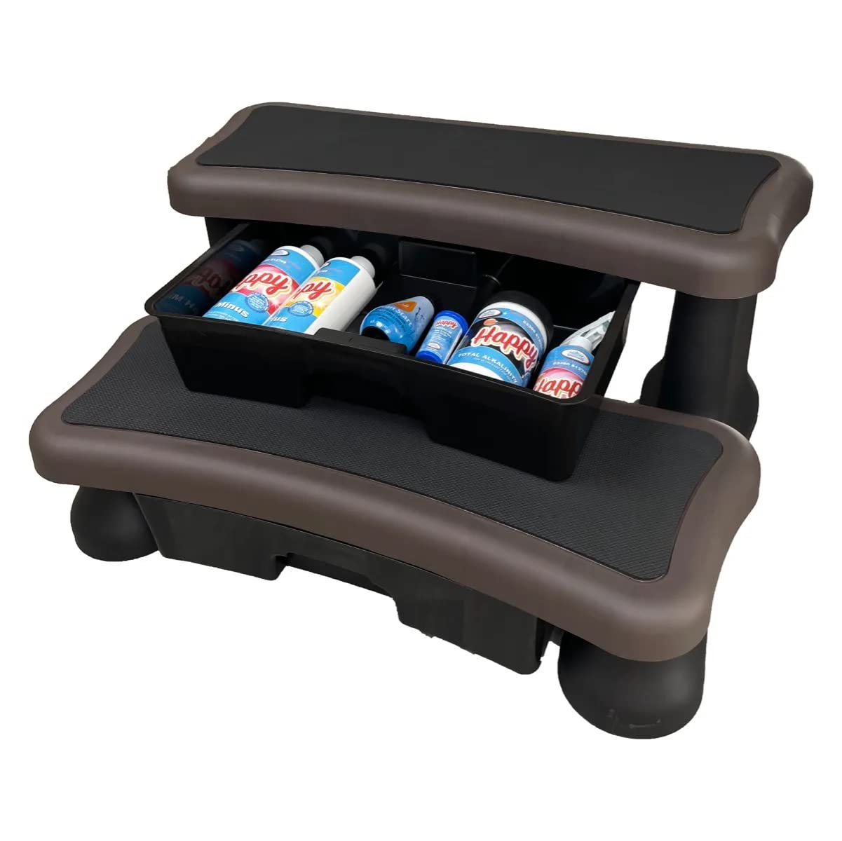 Happy Premium Hot Tub Steps with Storage Drawers for Chemicals Grey Black Brown (Brown)