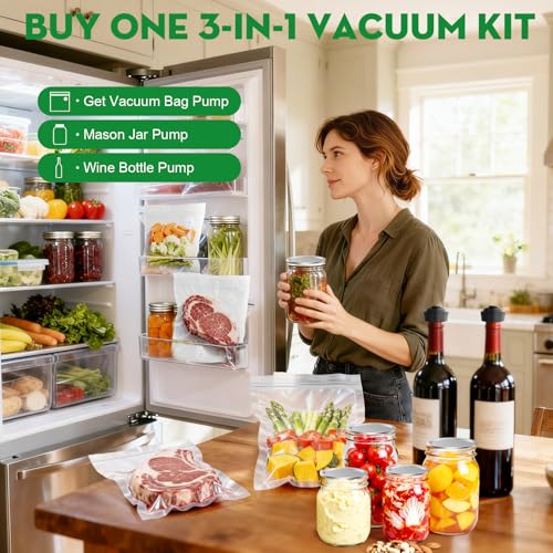 Image of 3-in-1 Vacuum Sealer for Food Compatible with Vacuum Bag, Mason Jar, Wine Bottle, Handheld Saver Compact Vacuum Sealer Machine (Vacuum Sealer(Black)+Bags+Mason Jar Lids+Stopper)