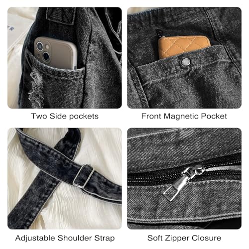 Image of Denim Shoulder Bag for Women,Canvas Tote Messenger Bag with Zipper,Large Casual Crossbody Hobo Handbag Denim Purse