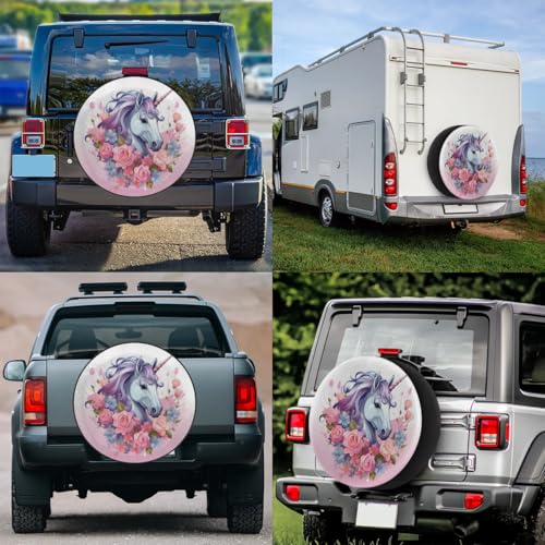 Image of Spare Tire Cover for RV Trailer, Unicorn Flower Tire Covers Universal Fit for Travel Trailer Camper Jeep RV SUV Truck Waterproof Wheel Cover (15 inch for Diameter 27 inch - 29 inch)