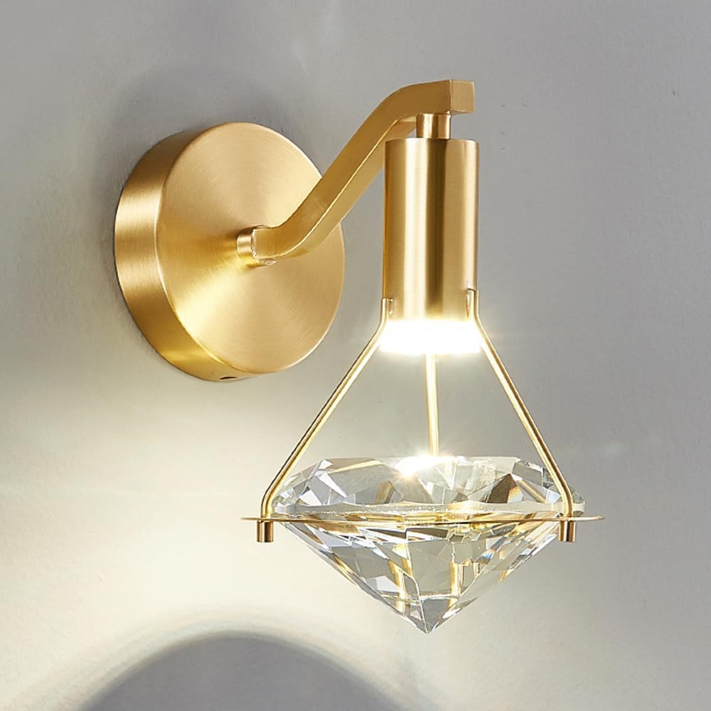 JYBNBBE Modern Crystal Wall Sconce, Brass 3W LED Wall Light Fixtures with 3 Color Temperature, Gold